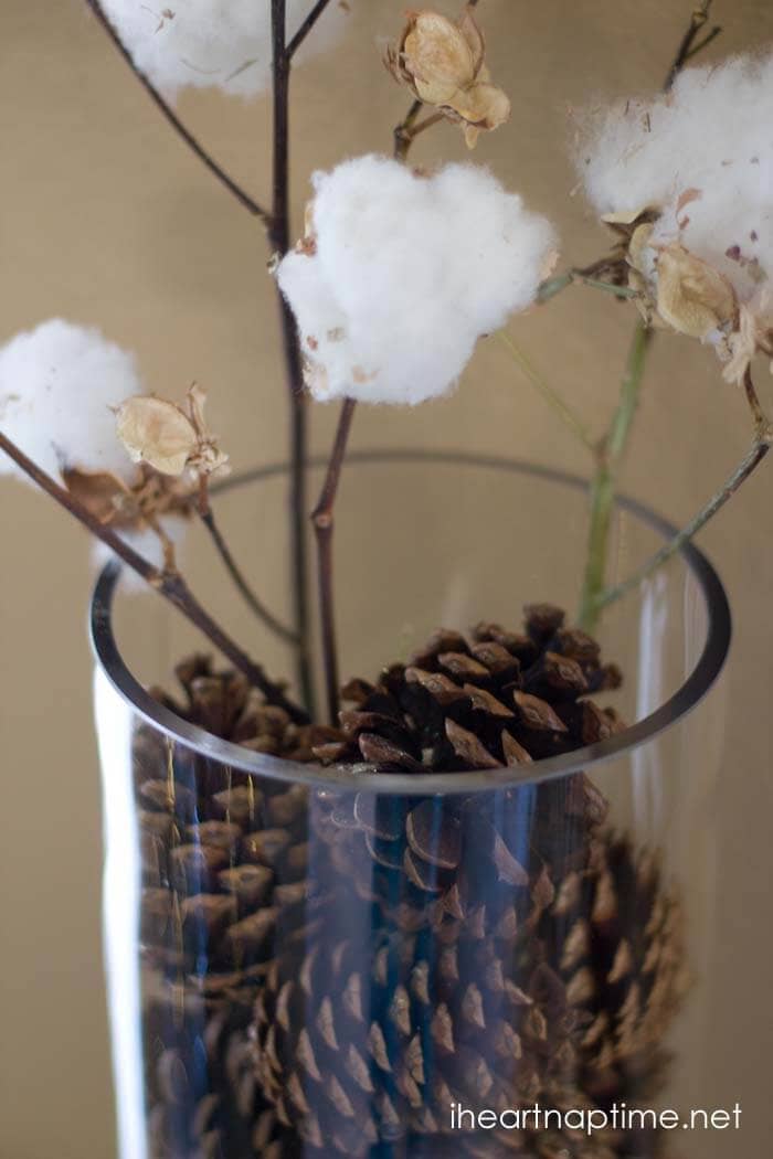 Cotton and pine cones in a jar from iheartnaptime.net
