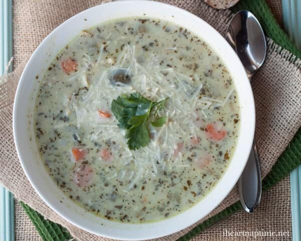 Slow cooker chicken and orzo pesto soup on iheartnaptime.com chickenorzosouptwo