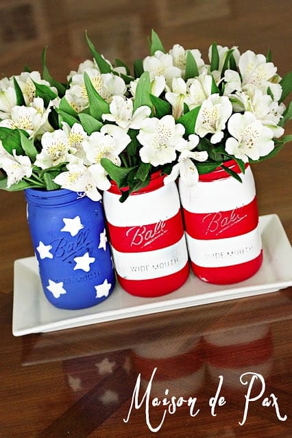 American Flag Mason Jars + 50 Festive Memorial Day BBQ Ideas...creative ways to kick-off summer and celebrate our freedom while remembering our fallen heroes!