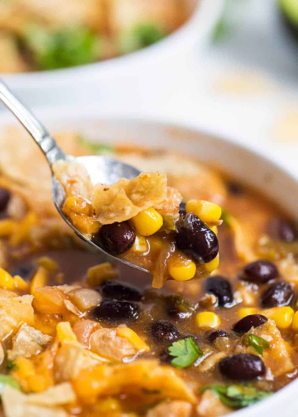Spoonful of chicken tortilla soup