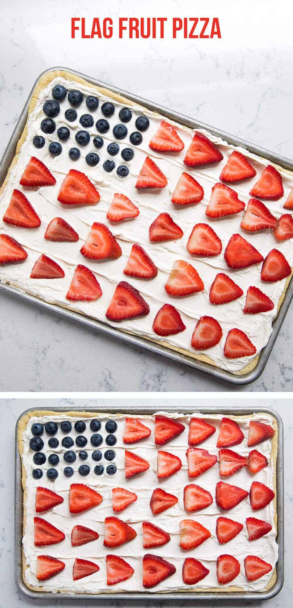fruit pizza shaped like a flag in a baking sheet 
