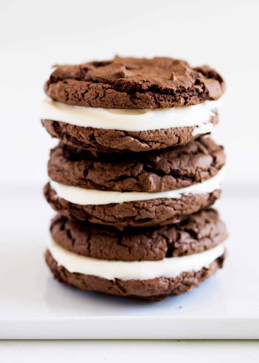 Stack of homemade Oreo cookies.