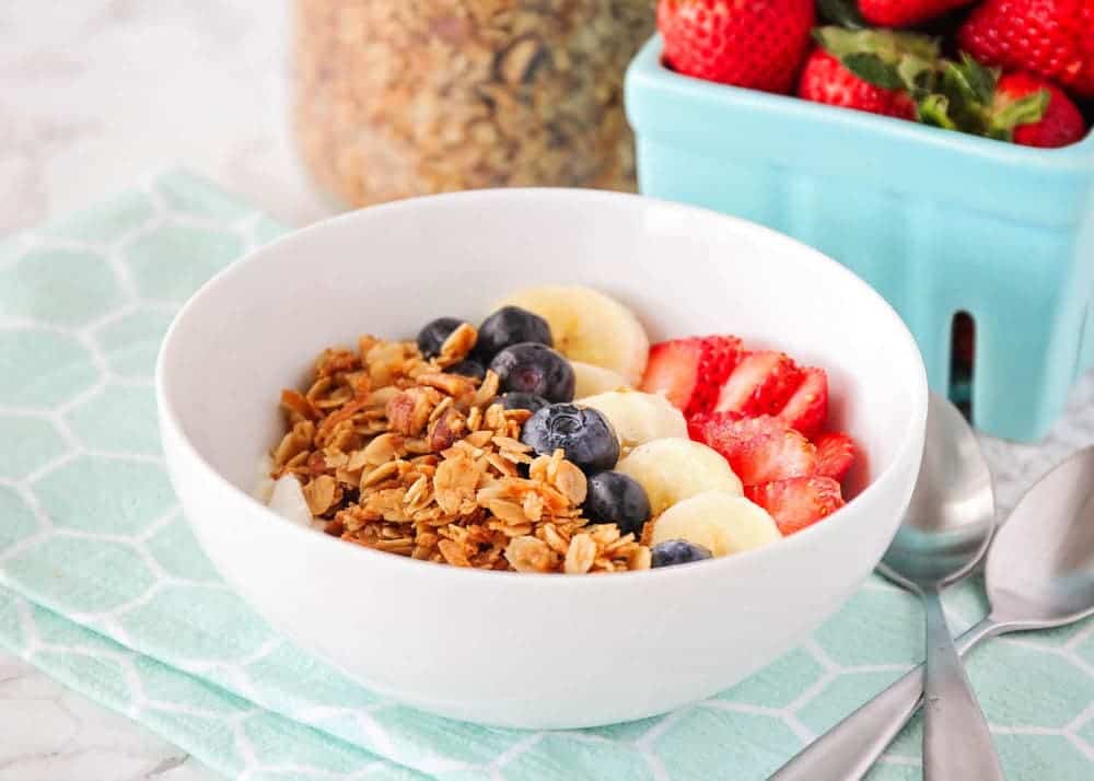 Granola in a bowl with fresh fruit.
