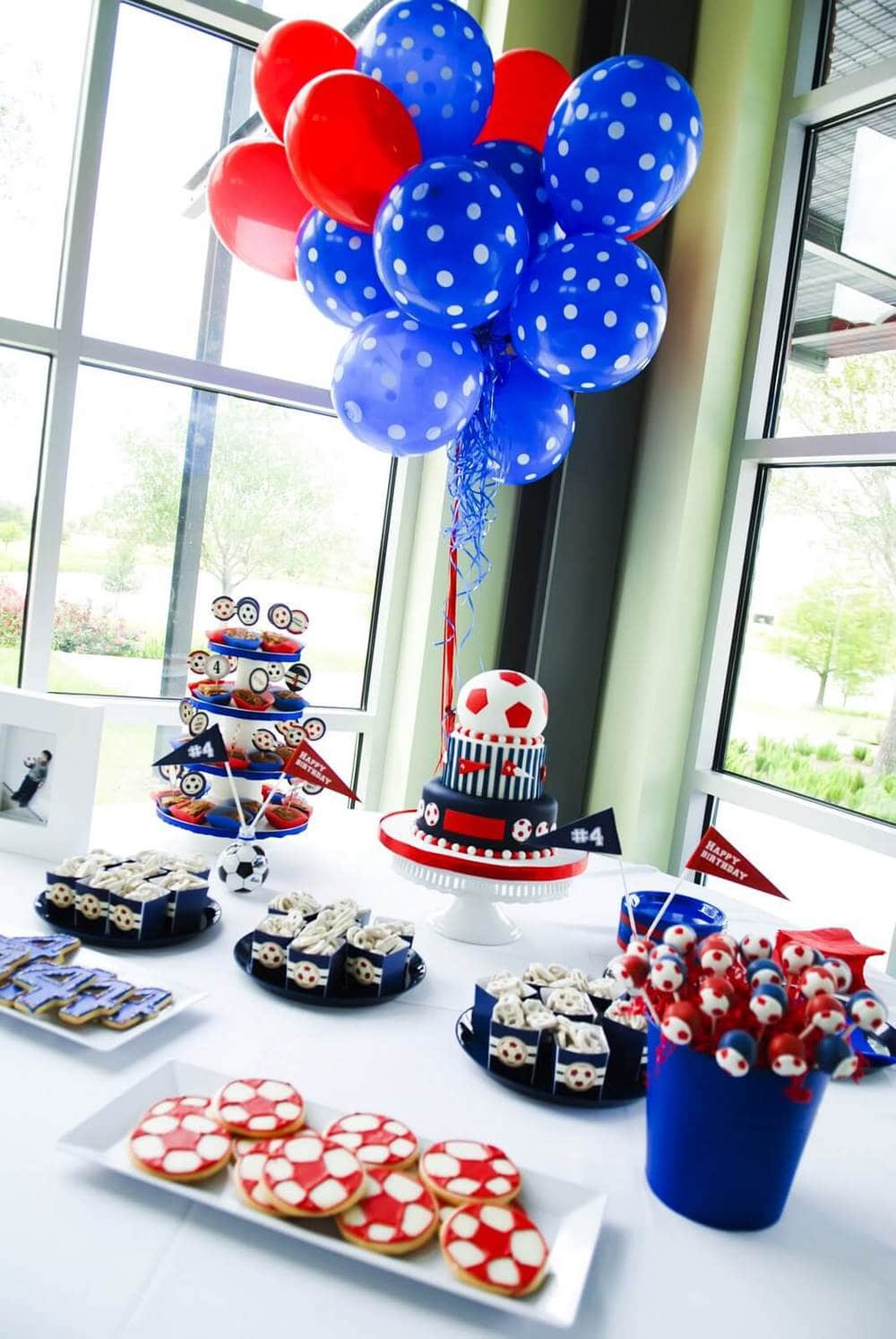 red, white and blue soccer birthday party table 