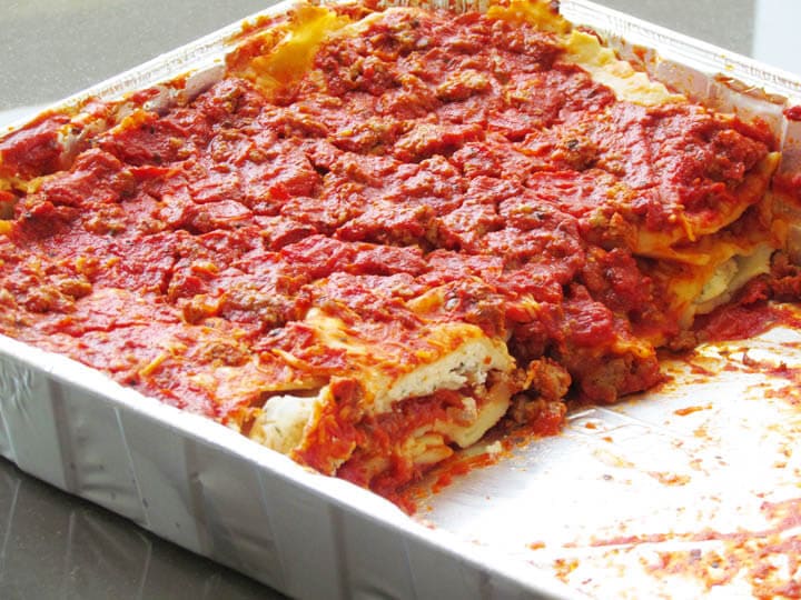 Baked beef ravioli in baking dish. 