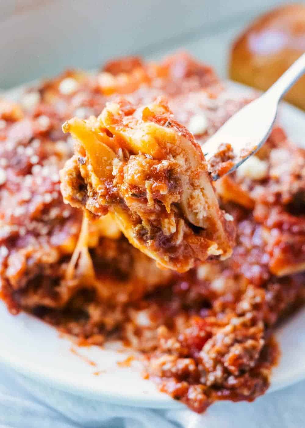 Beef ravioli on a fork.