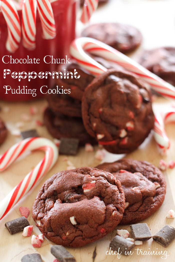 chocolate peppermint cookies on wood table 