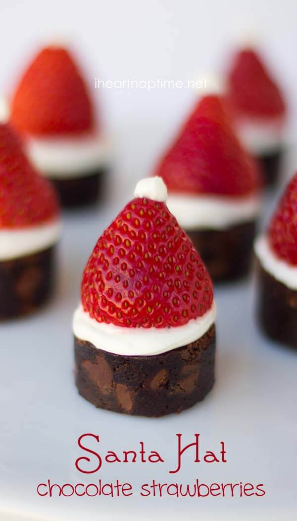 A close up of a brownie Santa hat.