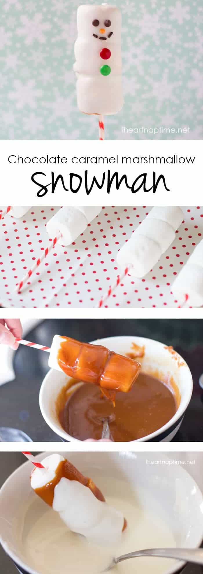 Chocolate caramel marshmallow snowmen on iheartnaptime.net ...such a cute recipe idea for Christmas! Looks like the ones from Disneyland!