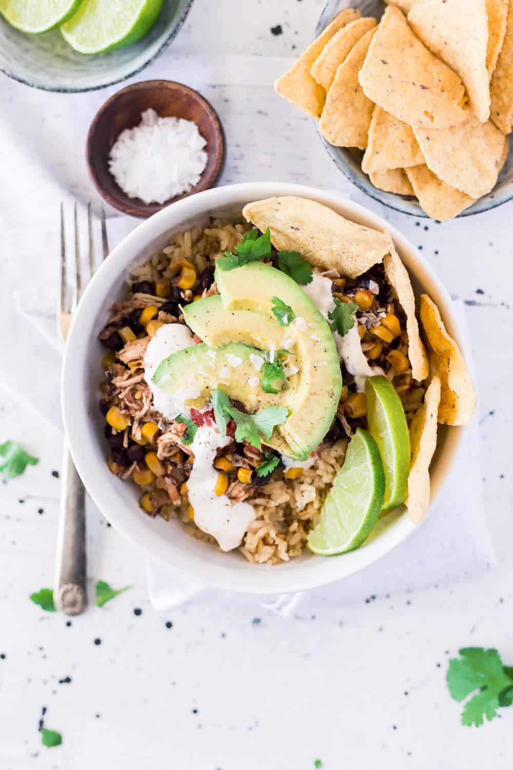 Slow cooker taco chicken bowls with cilantro lime rice