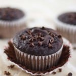 A close up of a chocolate muffin in muffin liner