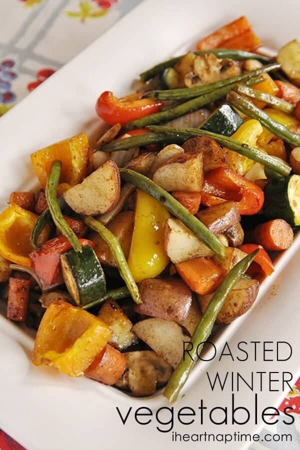 A tray of freshly roasted root vegetables for a winter side dish