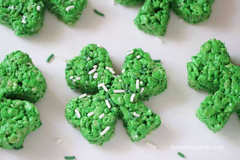 a green rice krispie treat in the shape of a clover