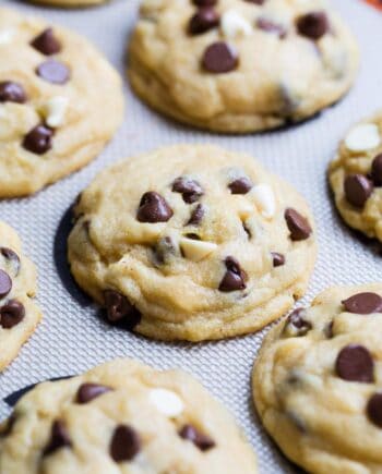 chocolate chip pudding cookies on a silpat mat