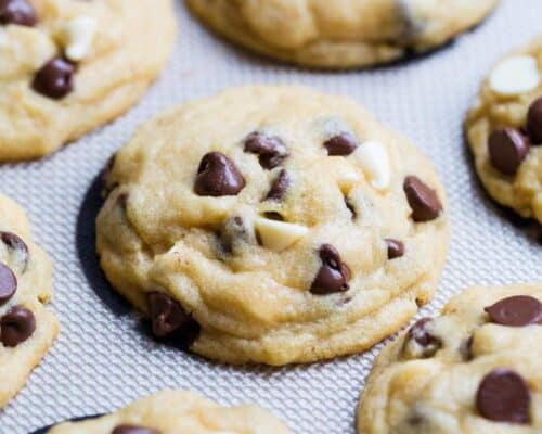 chocolate chip pudding cookies on a silpat mat
