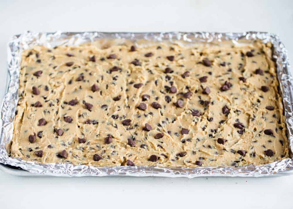 Cookie bars on a baking sheet. 