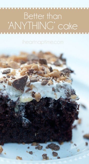 This better than anything cake has a rich chocolate base and is infused with caramel and sweetened condensed milk. To top it all off, you'll add some whipped topping and toffee bits. So delicious and such an amazing chocolate poke cake recipe! better than anything cake