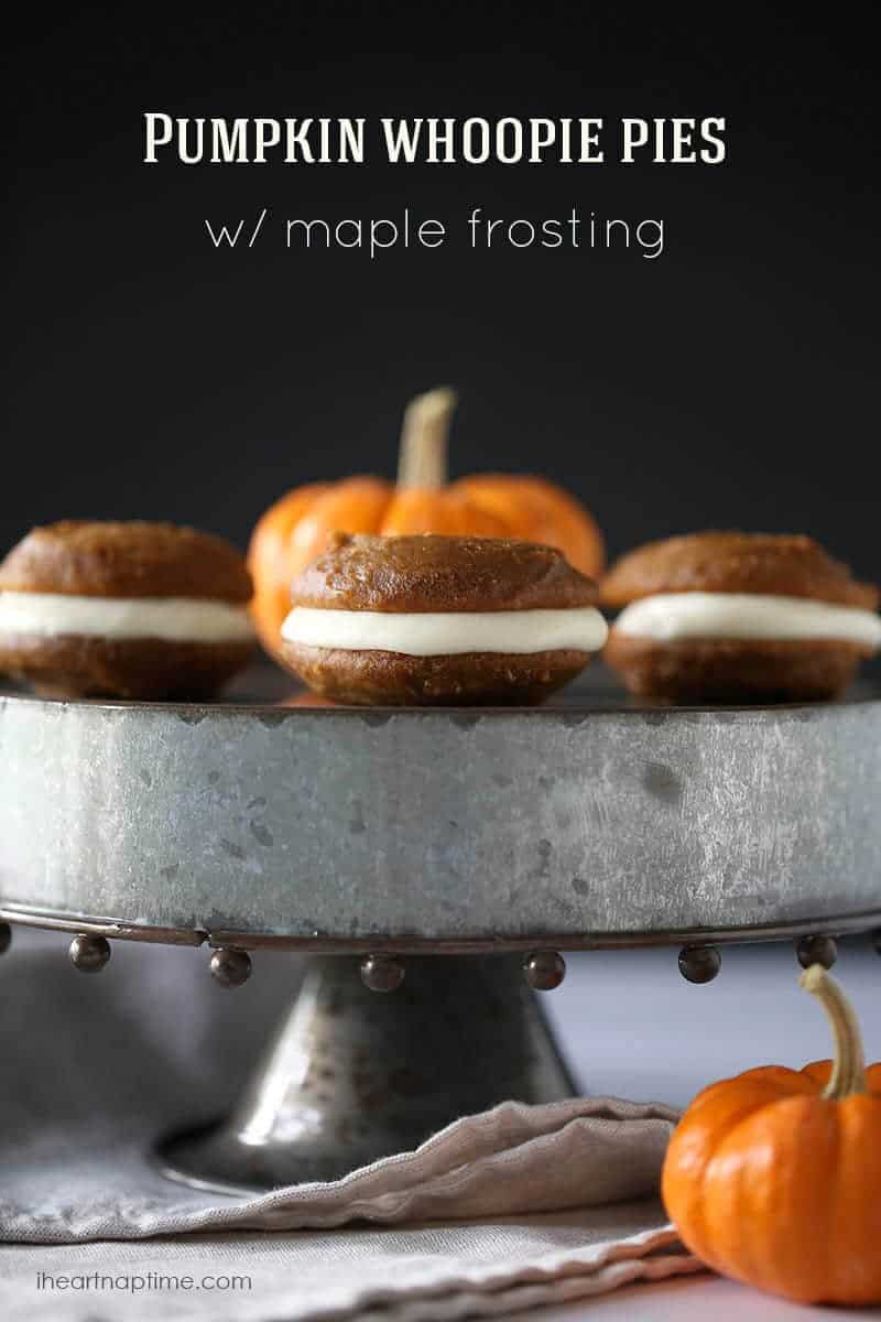 Pumpkin whoopie pies with maple frosting on iheartnaptime.com