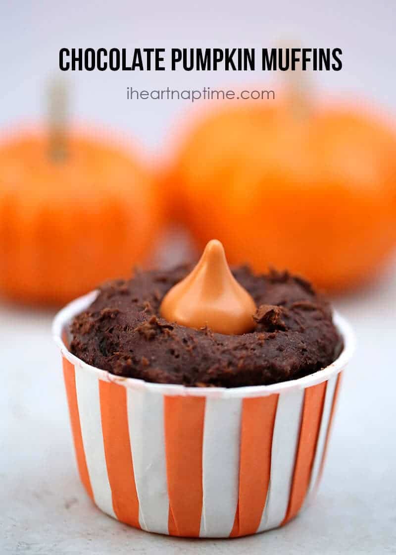 chocolate pumpkin muffins with a pumpkin Hershey's kiss 