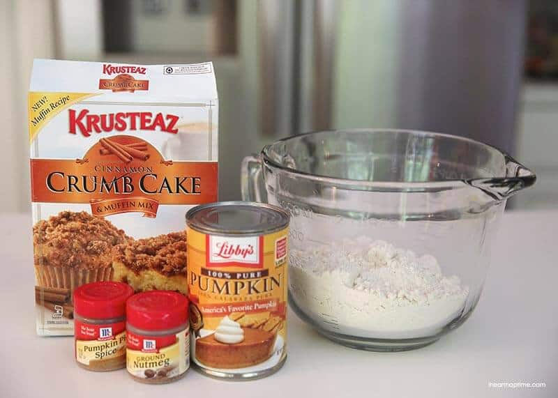 ingredients for pumpkin muffins with cake mix on counter 