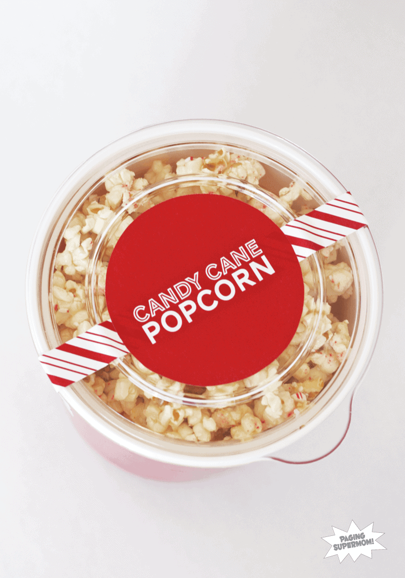 candy cane popcorn in a Christmas container with a festive label 