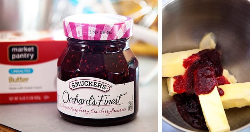 Making sweet compound butter with raspberry preserves.