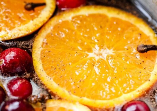 A close up of stovetop potpourri with fresh orange slices and cranberries