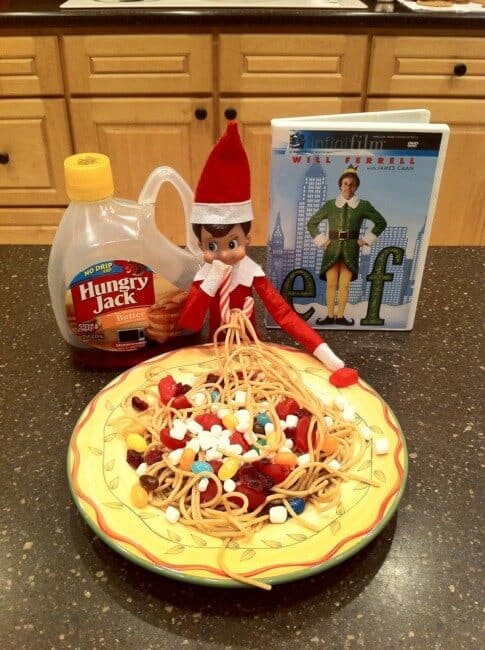 Elf eating noodles with candy. 