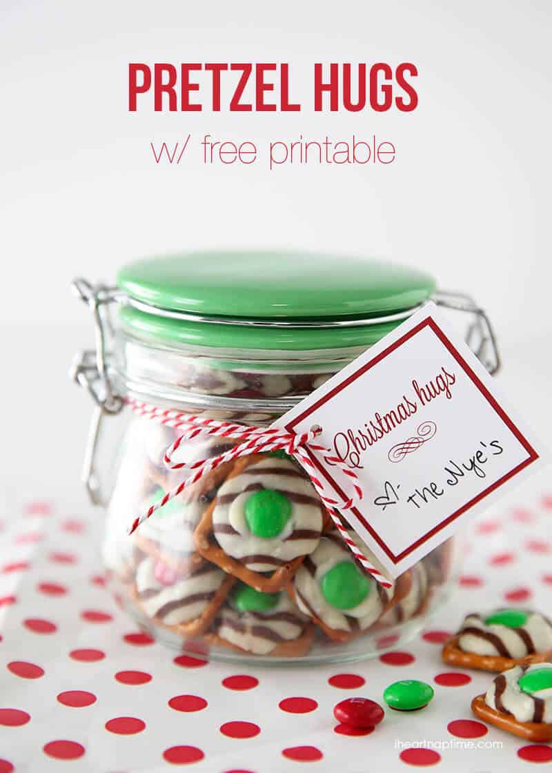 Jar of pretzel hugs with Christmas tag.