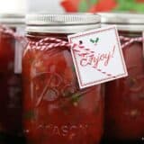 salsa in a mason jar with a christmas tag