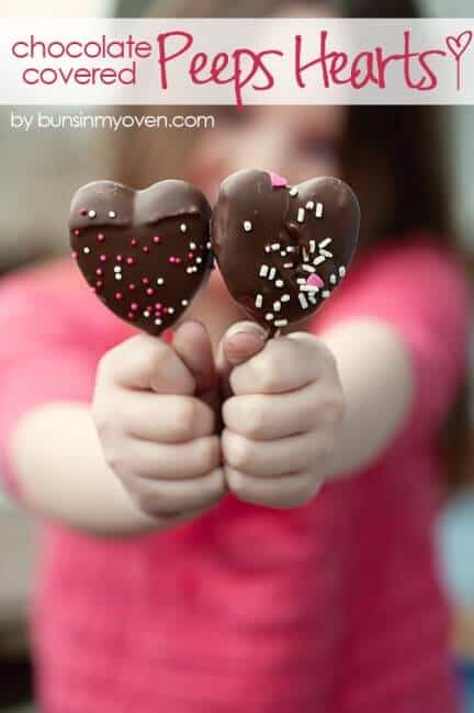 close up of chocolate covered peeps hearts