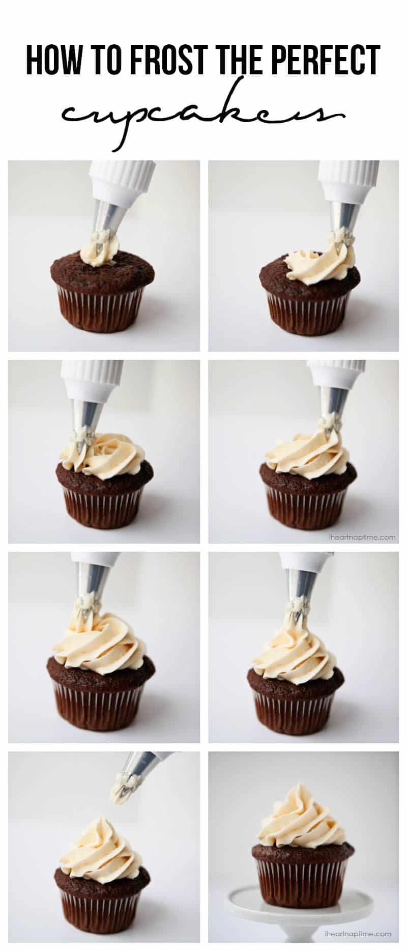The process of frosting cupcakes in a collage.