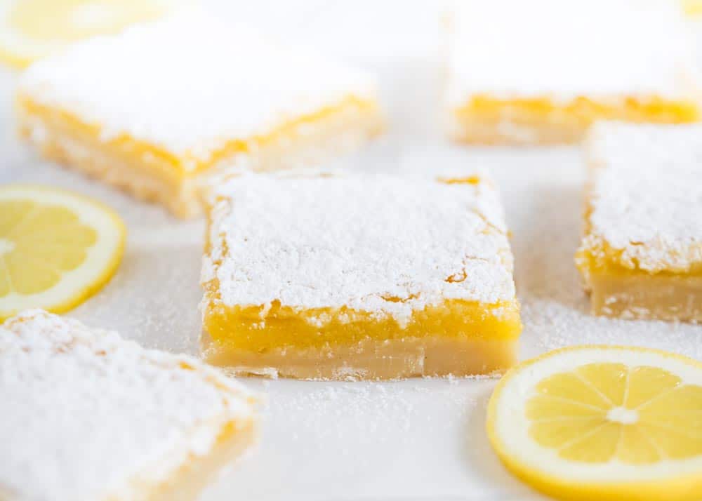 Lemon bars on a counter.