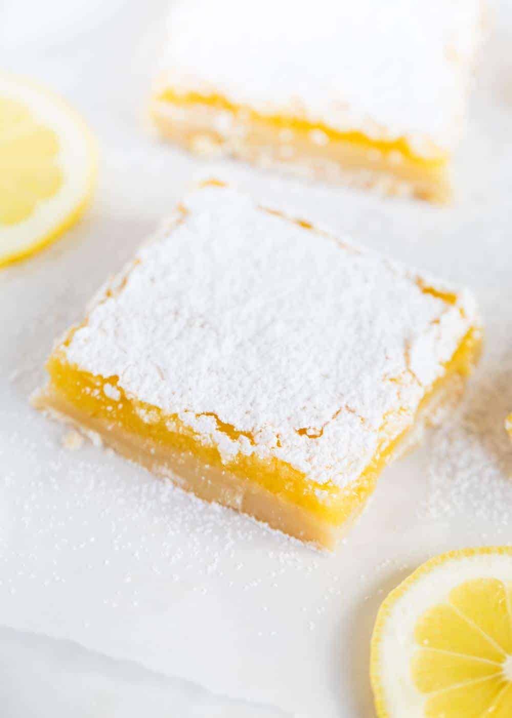 Lemon bars on a counter.