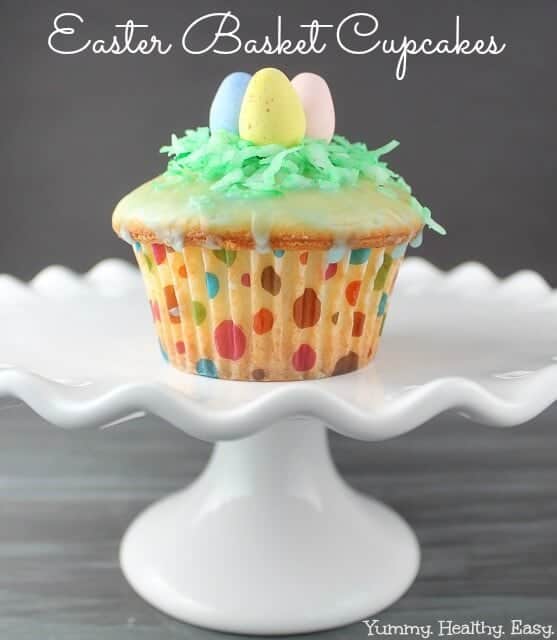 Vanilla Glazed Easter Basket Cupcakes on platter