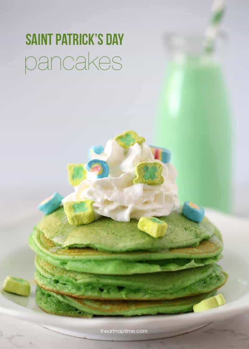 Green pancakes topped with lucky charms via iheartnaptime.com ...perfect breakfast for Saint Patrick's Day!