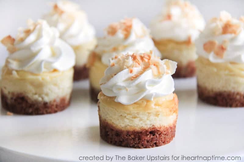 close up of mini coconut cheesecakes on plate