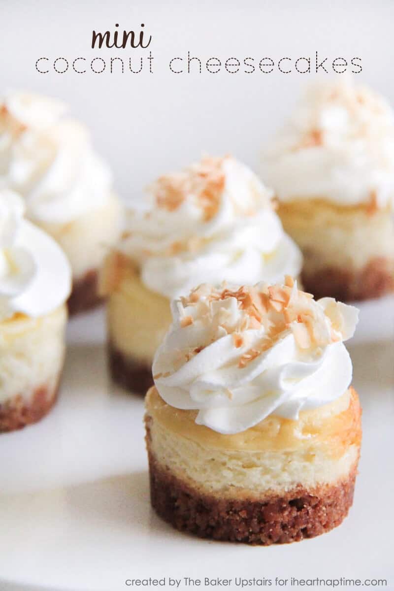 close up of mini coconut cheesecakes on plate