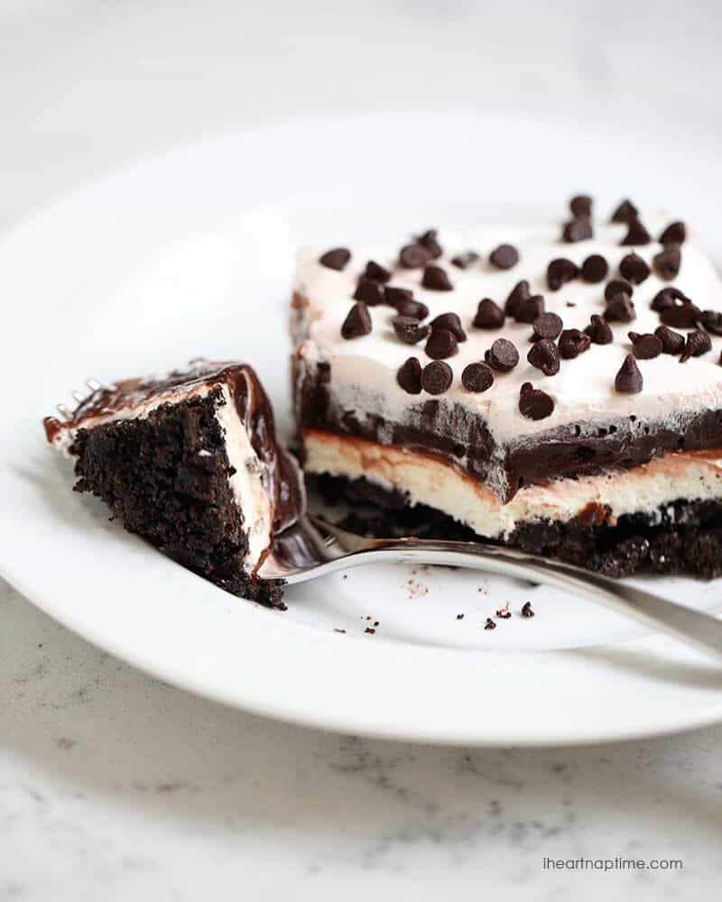 Taking a bite of chocolate lasagna.