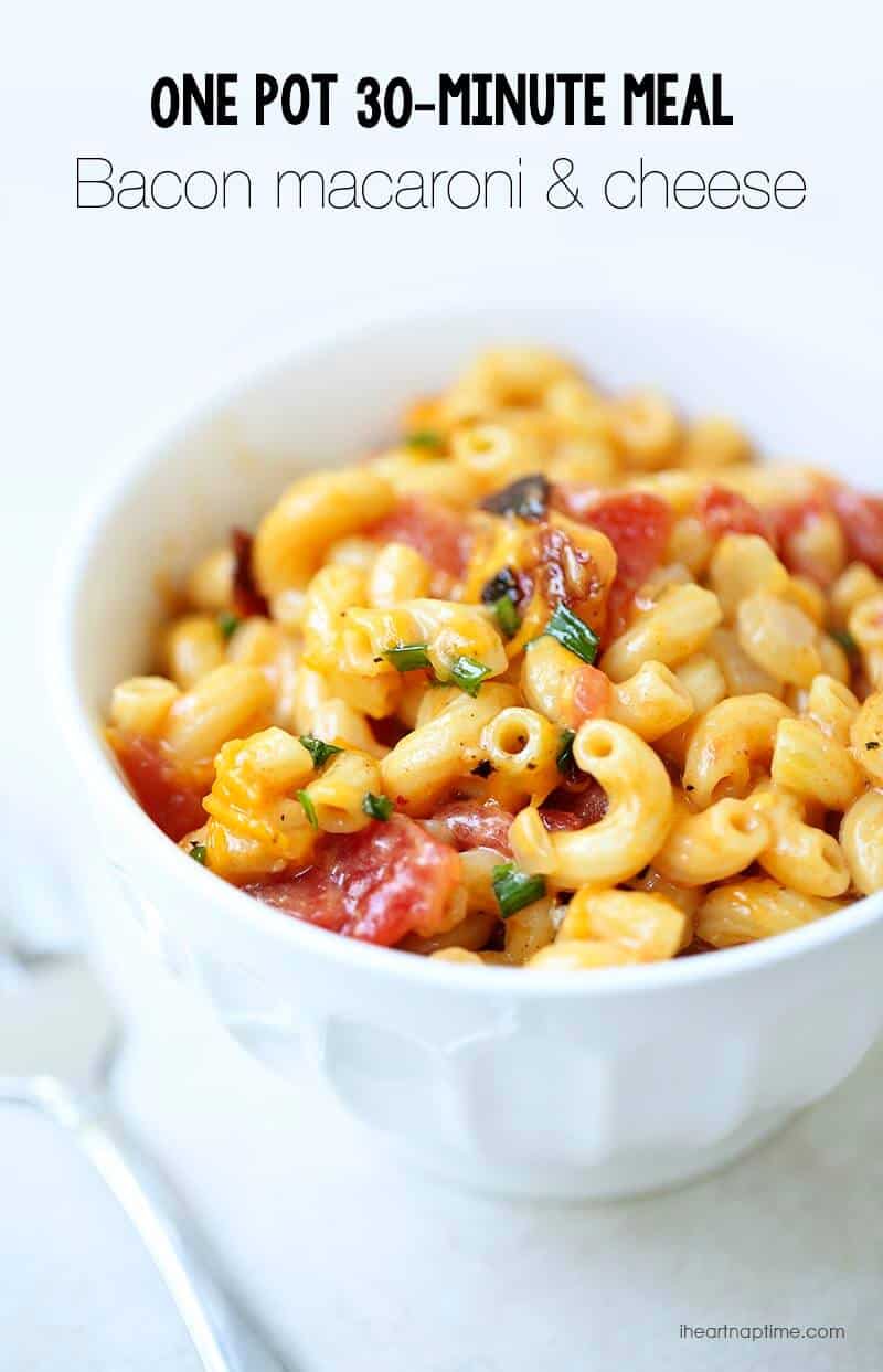 bacon and chive macaroni and cheese in a white bowl 