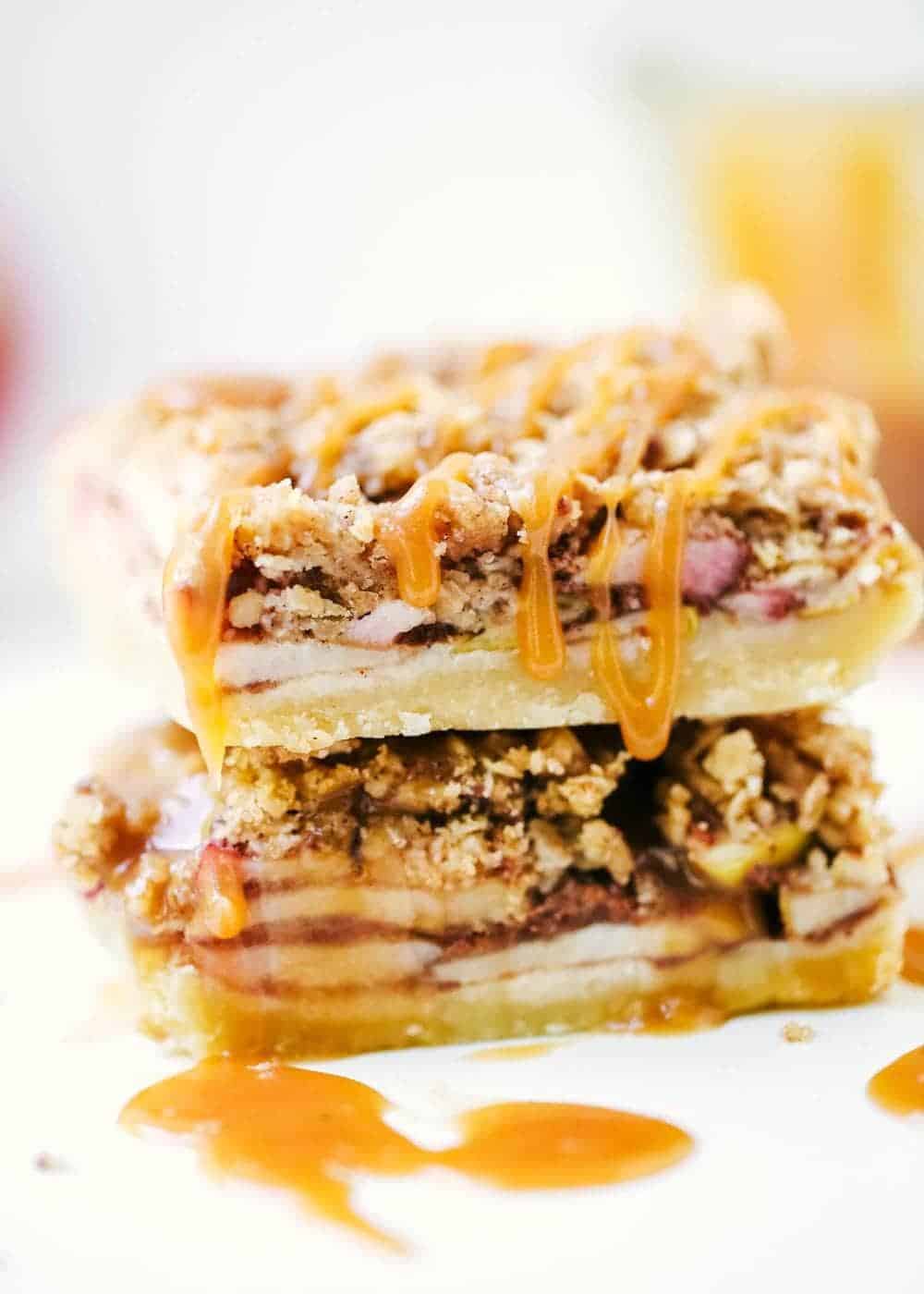 Stack of caramel apple pie bars.