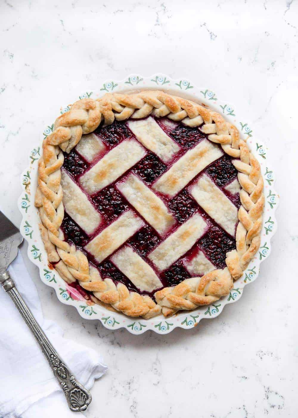 Razzleberry pie with lattice pie crust.