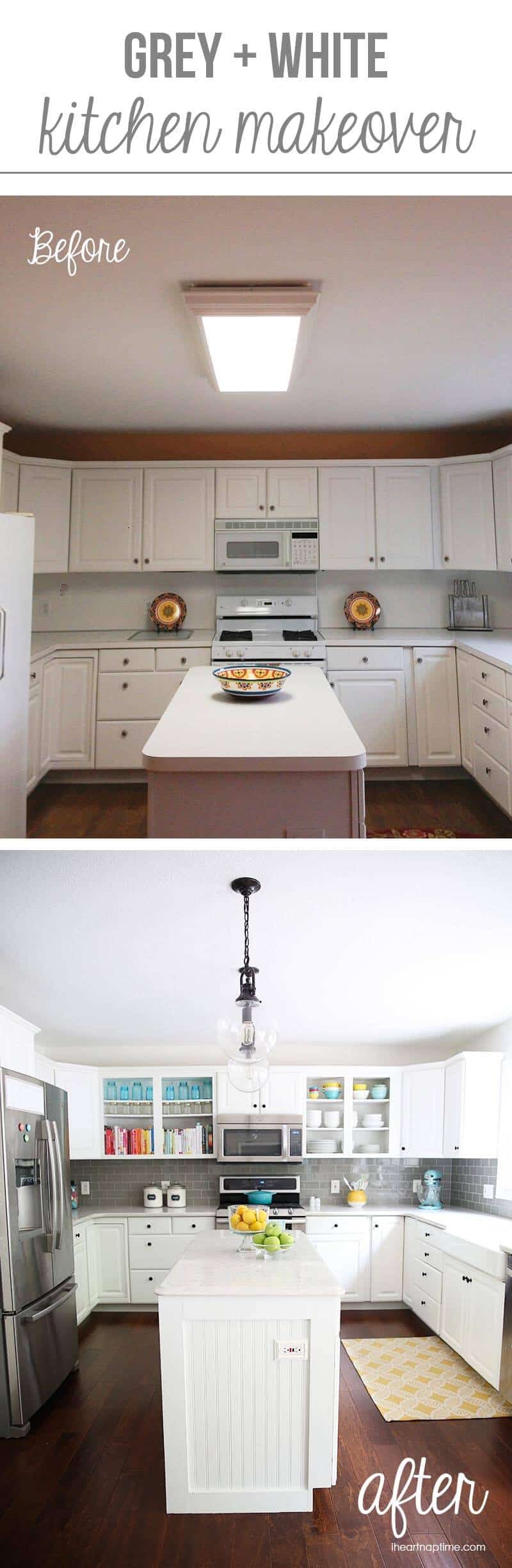 White and grey kitchen makeover on iheartnaptime.com -love the pops of color! Fun before and after!