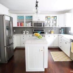 A kitchen with a wood floor