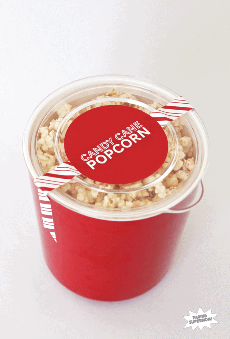 Candy cane popcorn in red bin