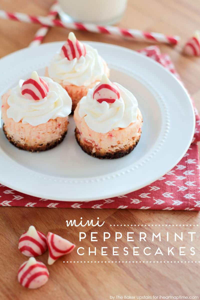 Sweet and creamy mini peppermint cheesecakes full of holiday flavor. The perfect festive treat to bring to your next Christmas party! Mini peppermint cheesecakes on a white plate.