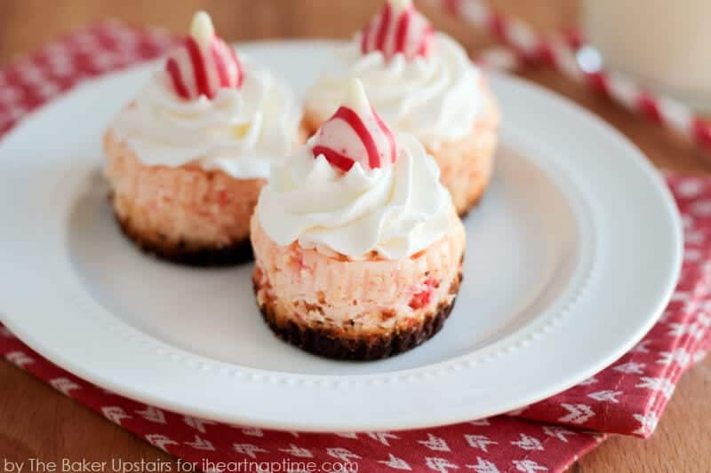 Mini peppermint cheesecakes on a white plate.
