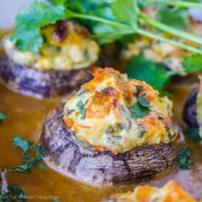 close up of an asian stuffed mushroom