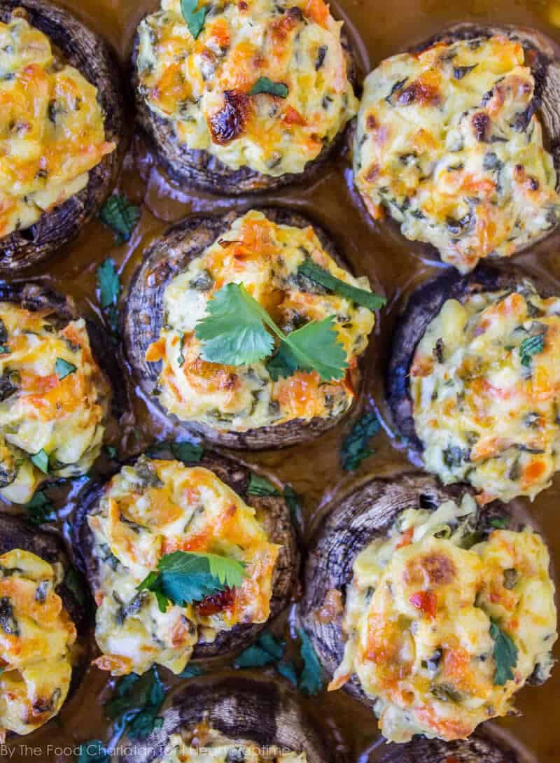 Asian stuffed mushrooms with cilantro on top.