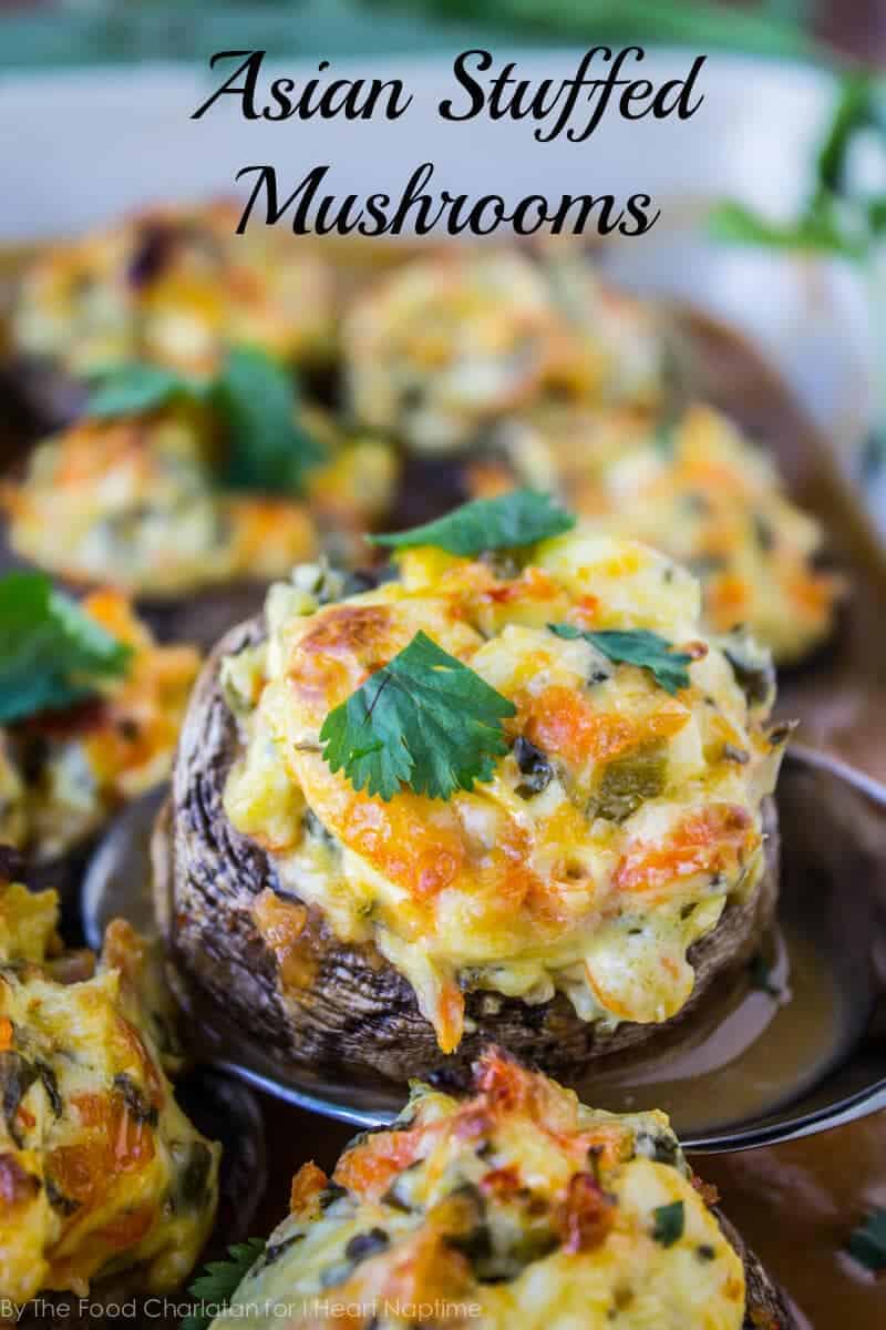 Asian stuffed mushroom sitting on a spoon.